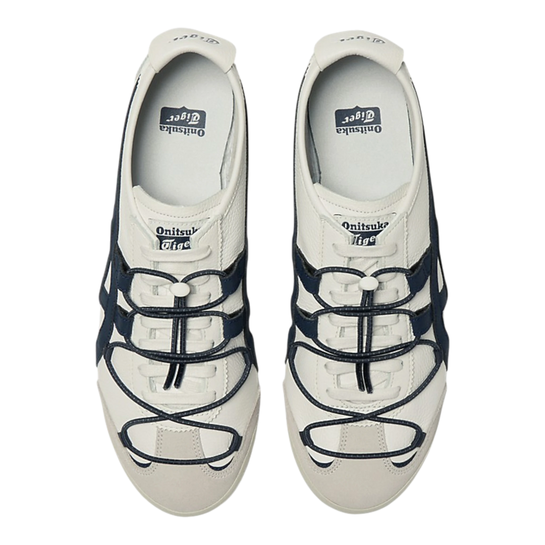 Onitsuka Tiger Mexico 66 VINY off-white leather sneakers with navy stripes and layered lacing.