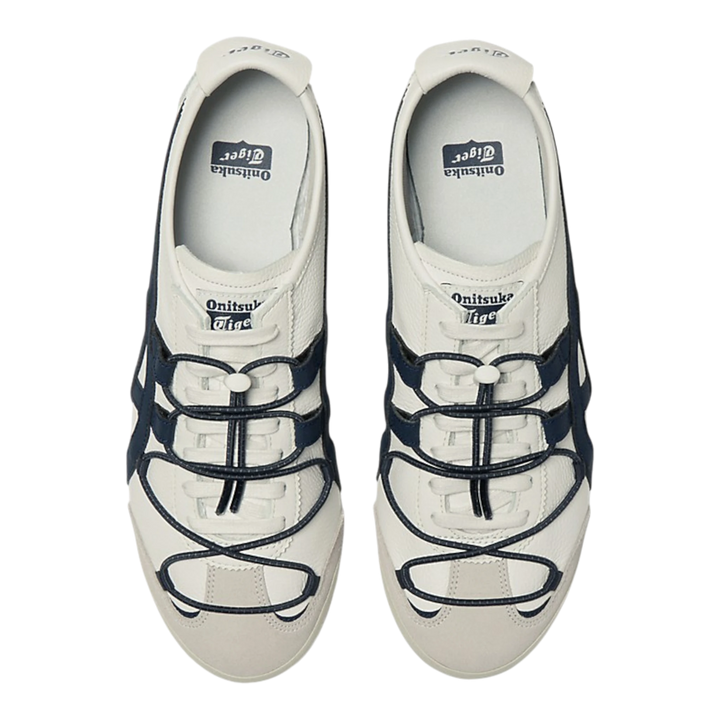 Onitsuka Tiger Mexico 66 VINY off-white leather sneakers with navy stripes and layered lacing.