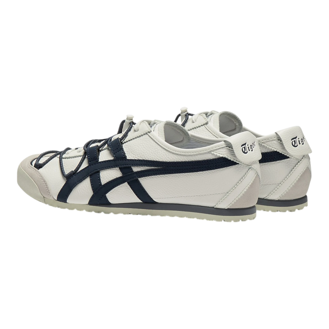 Onitsuka Tiger Mexico 66 VINY off-white leather sneakers with navy stripes and layered laces. Low-profile design.