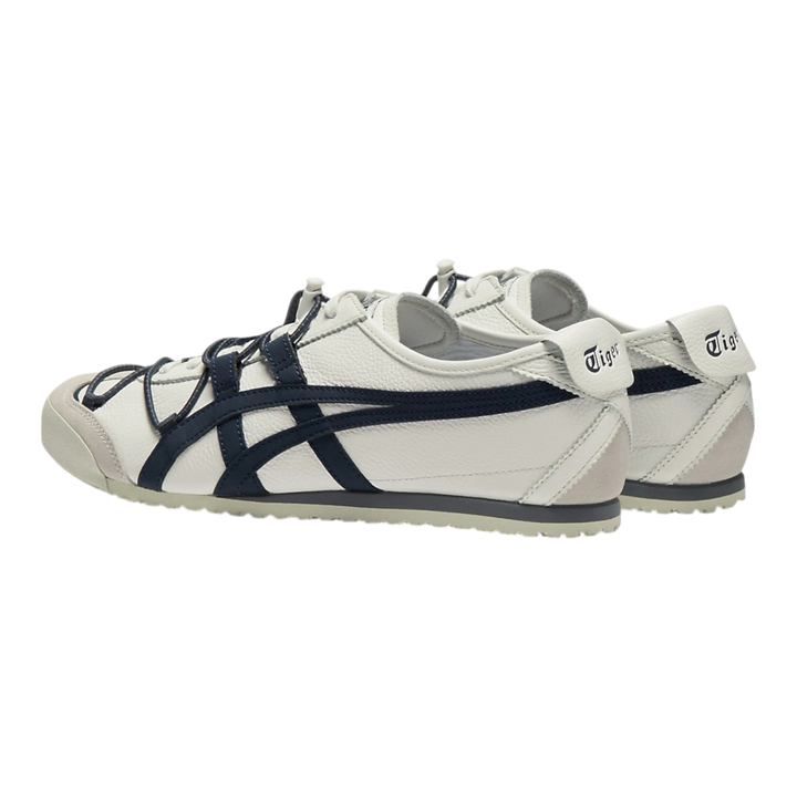 Onitsuka Tiger Mexico 66 VINY off-white leather sneakers with navy stripes and layered laces. Low-profile design.