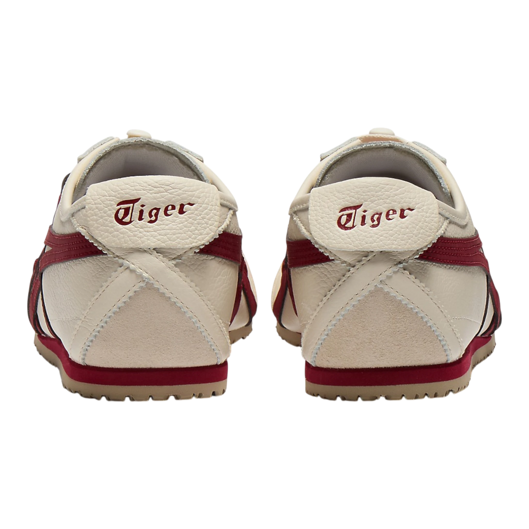 Onitsuka Tiger Mexico 66 VINY sneakers in Birch/Beet Juice leather with maroon stripes and layered laces.
