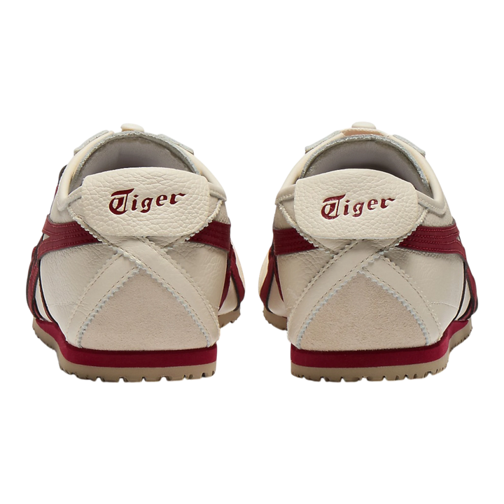 Onitsuka Tiger Mexico 66 VINY sneakers in Birch/Beet Juice leather with maroon stripes and layered laces.