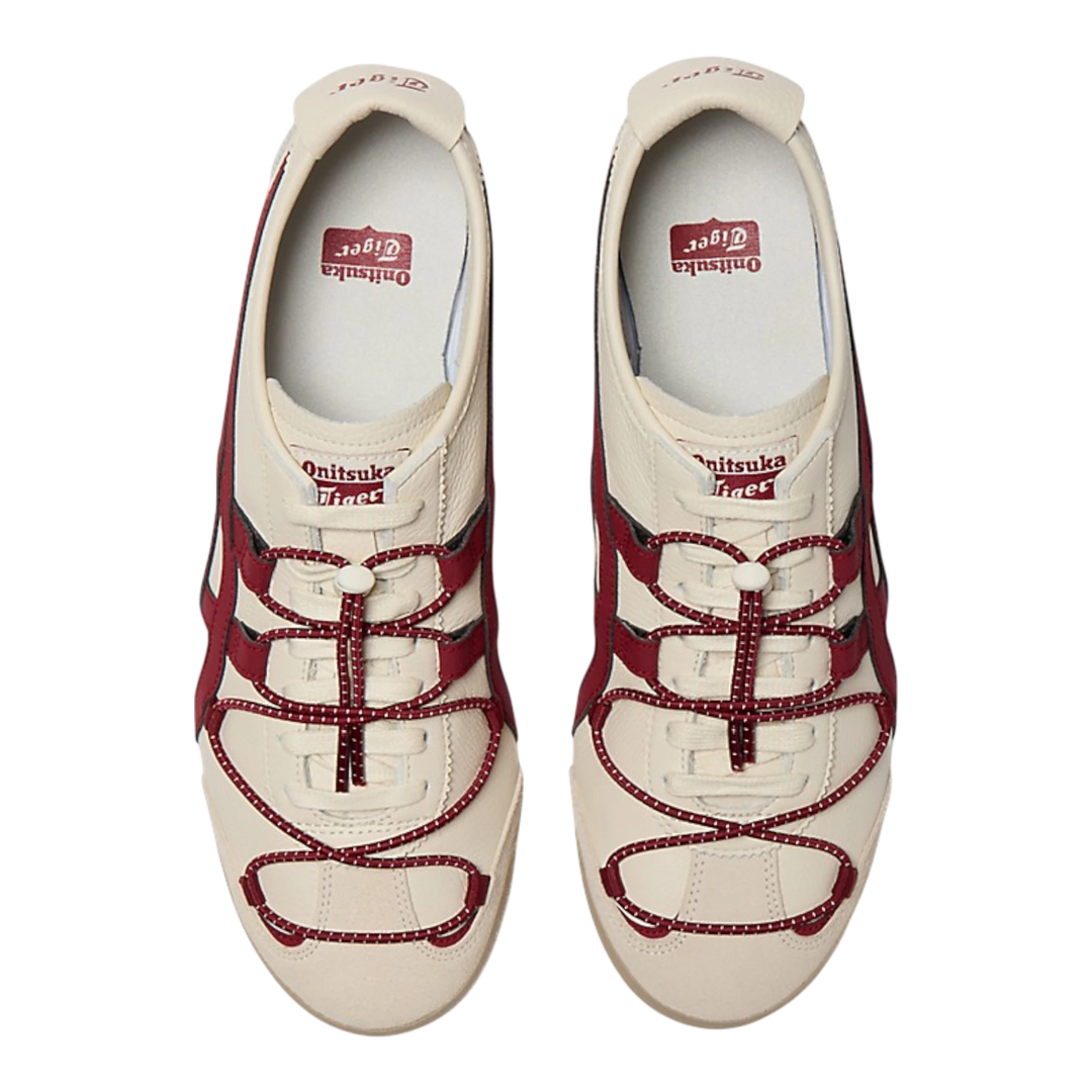 Onitsuka Tiger Mexico 66 VINY Birch/Beet Juice leather sneakers with layered lace system and signature stripes.