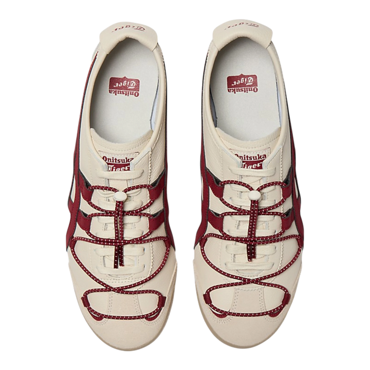 Onitsuka Tiger Mexico 66 VINY Birch/Beet Juice leather sneakers with layered lace system and signature stripes.