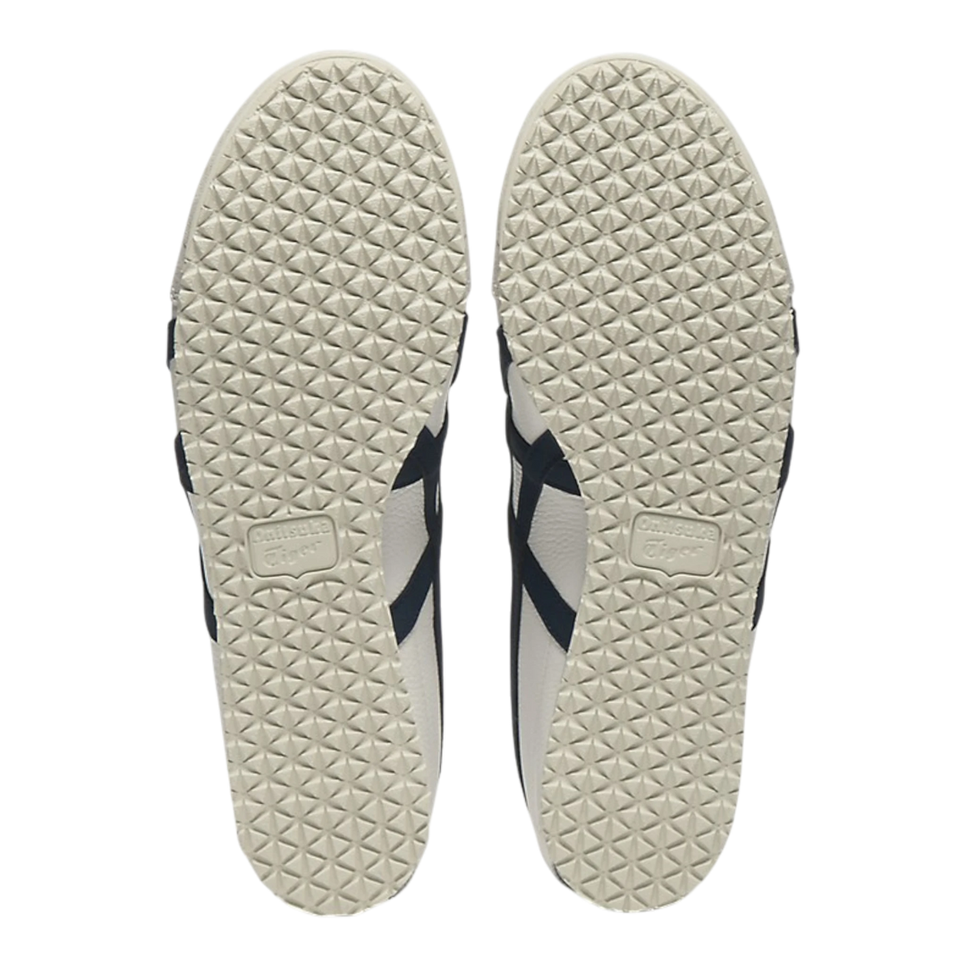 Onitsuka Tiger Mexico 66 VINY off-white leather sneakers with navy stripes and a textured rubber sole.