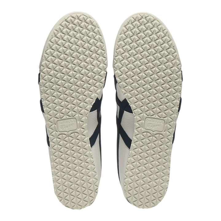 Onitsuka Tiger Mexico 66 VINY off-white leather sneakers with navy stripes and a textured rubber sole.