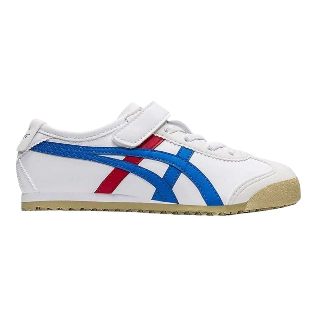 HypeSelection Onitsuka Tiger Mexico 66 pre-school sneakers in white with blue and red stripes and a velcro strap.