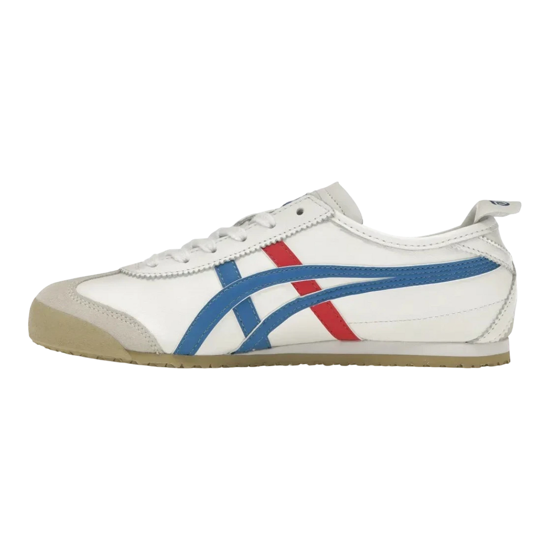HypeSelection Onitsuka Tiger Mexico 66 white leather sneakers with blue and red stripes, suede toe, and rubber sole.