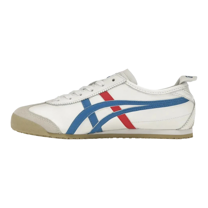 HypeSelection Onitsuka Tiger Mexico 66 white leather sneakers with blue and red stripes, suede toe, and rubber sole.