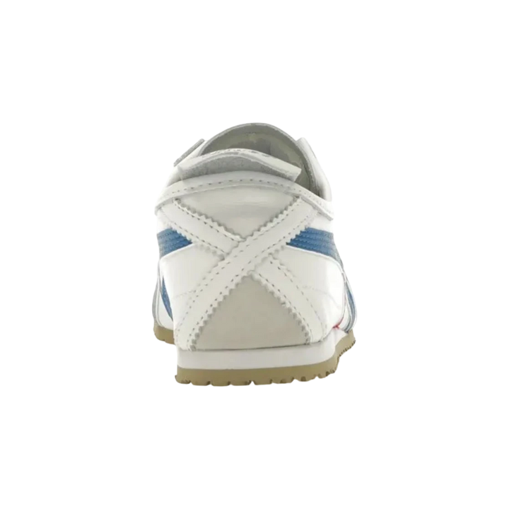 HypeSelection Onitsuka Tiger Mexico 66 white leather sneakers with blue and red stripes, featuring a slim profile and suede heel detail.