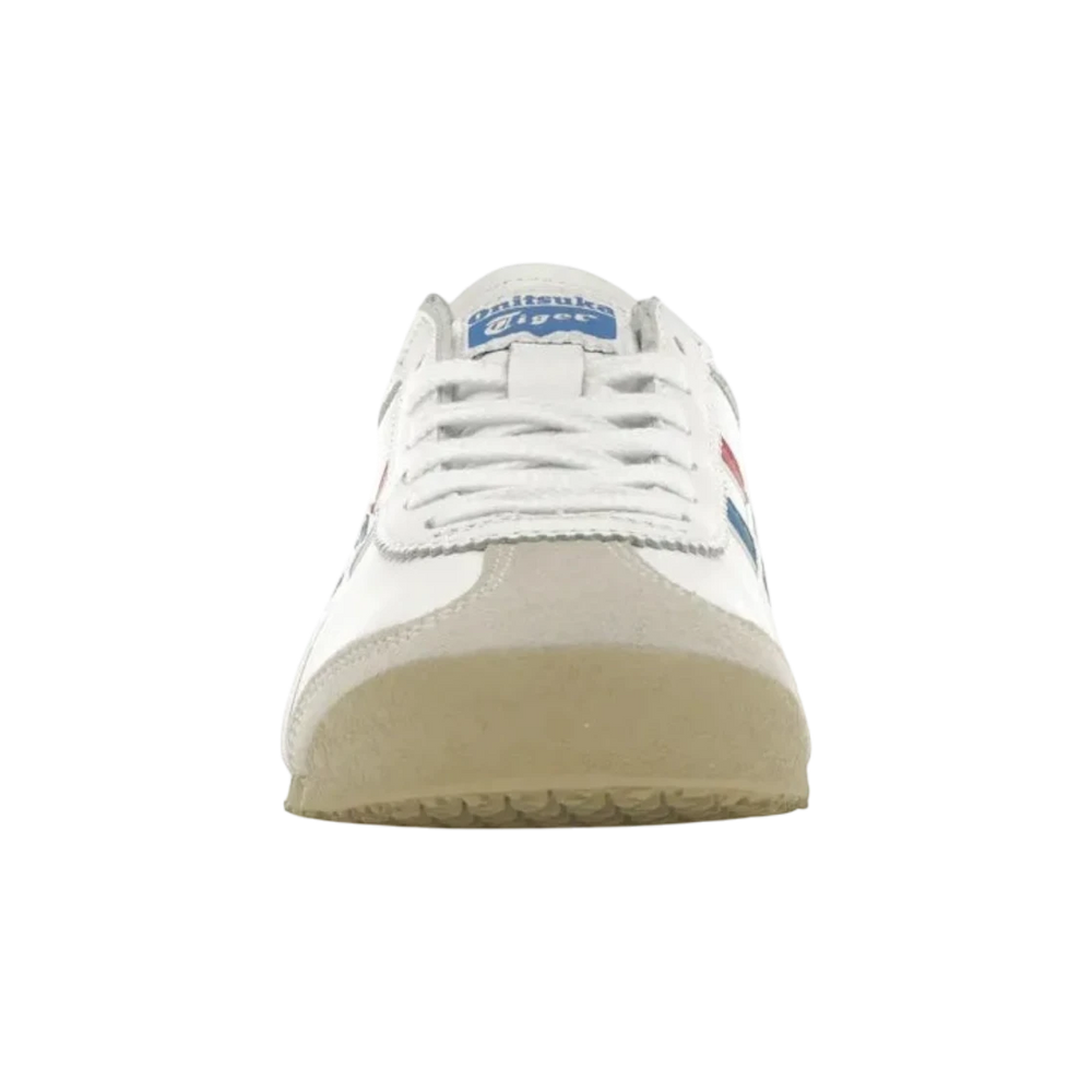 HypeSelection Onitsuka Tiger Mexico 66 white leather sneakers with blue and red stripes and suede toe.