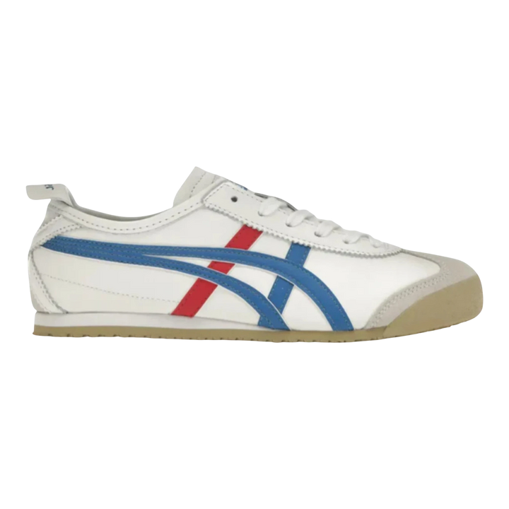 HypeSelection Onitsuka Tiger Mexico 66 white leather sneakers with blue and red stripes, suede toe, and gum sole.