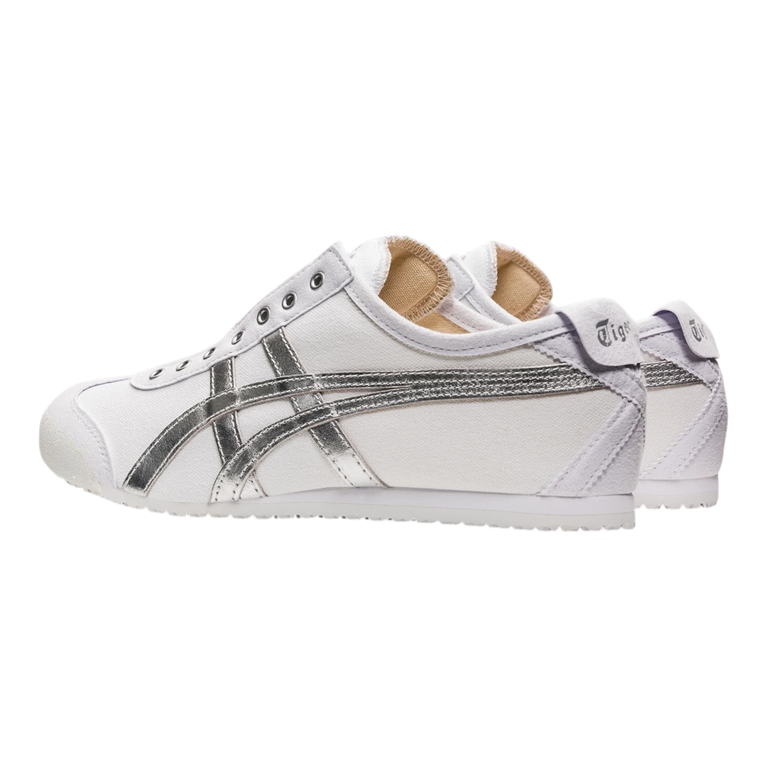 HypeSelection Onitsuka Tiger Mexico 66 slip-on sneakers in white canvas with metallic silver stripes and heel flap.