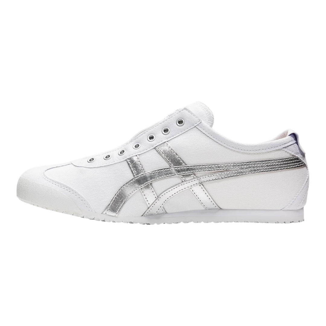 HypeSelection Onitsuka Tiger Mexico 66 slip-on sneaker in white canvas with metallic silver side stripes