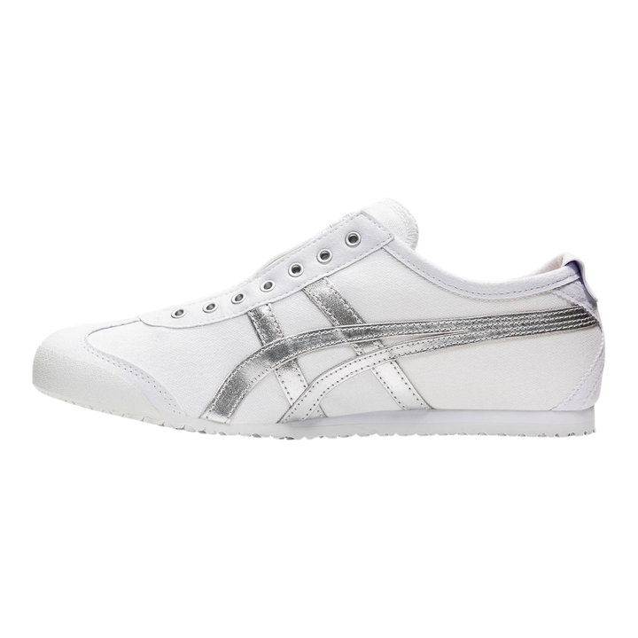 HypeSelection Onitsuka Tiger Mexico 66 slip-on sneaker in white canvas with metallic silver side stripes