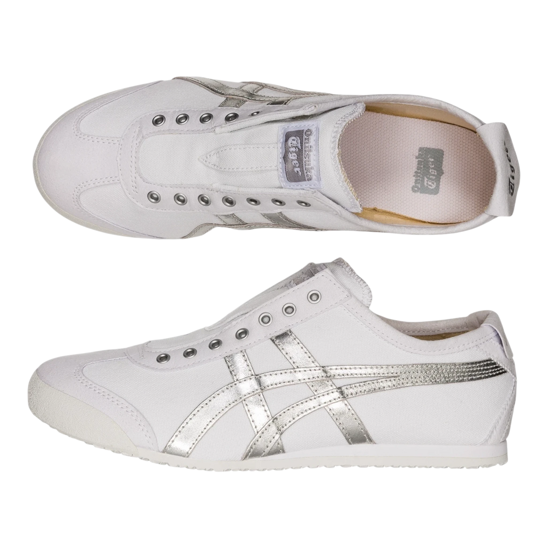 HypeSelection Onitsuka Tiger Mexico 66 slip-on sneakers in white canvas with metallic silver stripes.