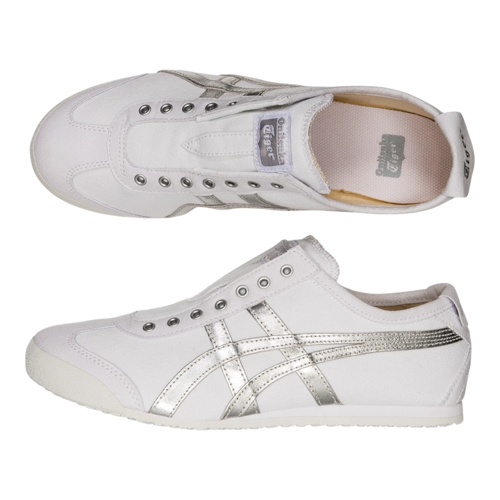 HypeSelection Onitsuka Tiger Mexico 66 slip-on sneakers in white canvas with metallic silver stripes.