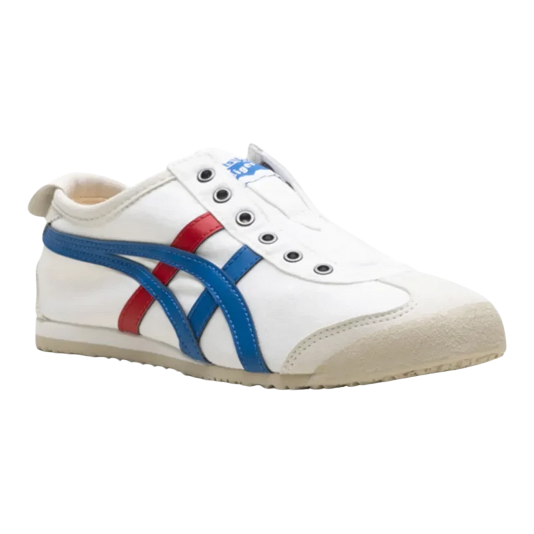 HypeSelection Onitsuka Tiger Mexico 66 slip-on sneaker in white canvas with blue and red signature side stripes