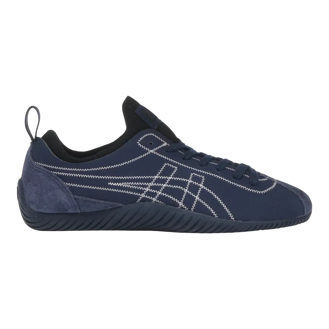 HypeSelection Onitsuka Tiger SCLAW navy knit sneakers with white stitching and suede accents. Unisex fit.