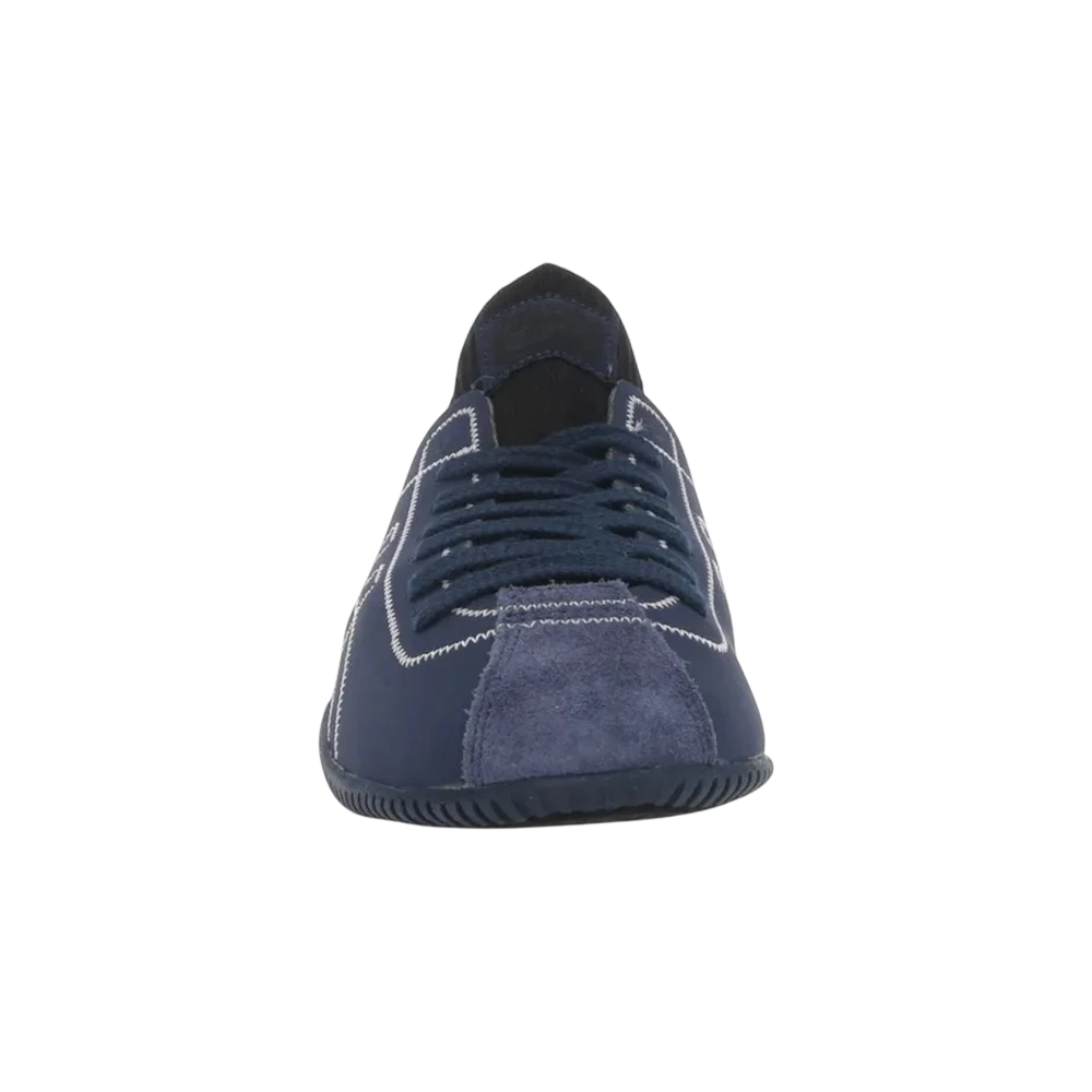 HypeSelection Onitsuka Tiger SCLAW peacoat blue knit sneakers with suede toe cap and white stitching.