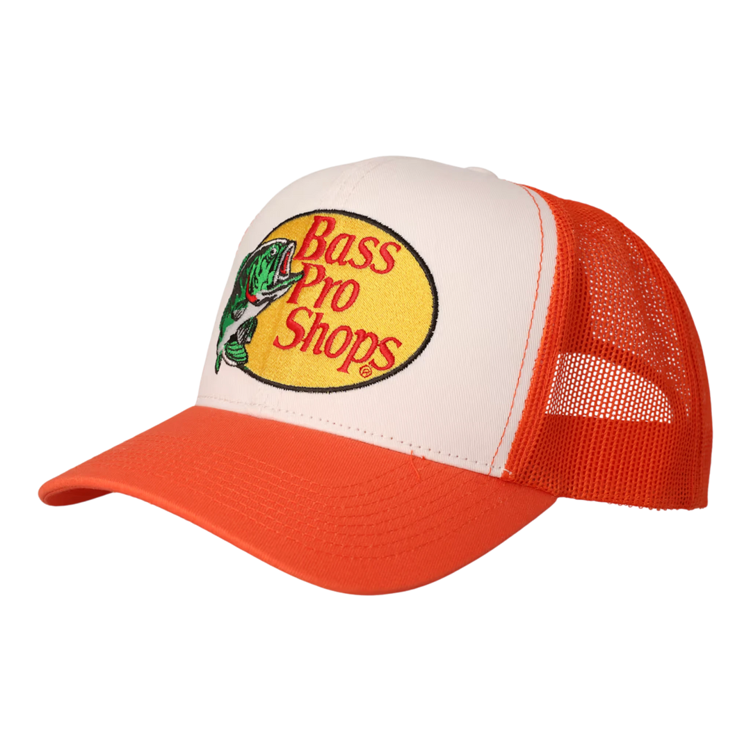HypeSelection Bass Pro Shops embroidered logo trucker cap in orange and white with mesh back and curved brim.