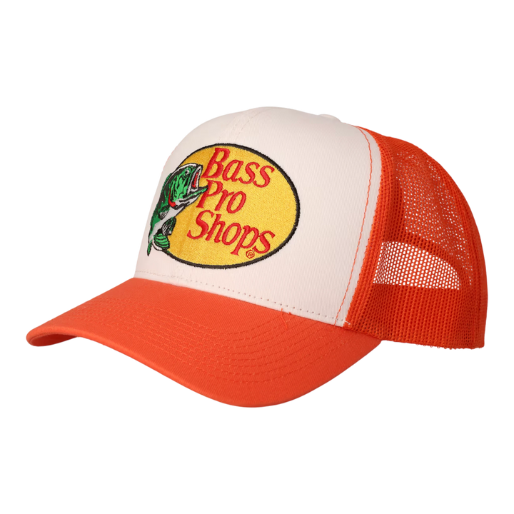 HypeSelection Bass Pro Shops embroidered logo trucker cap in orange and white with mesh back and curved brim.