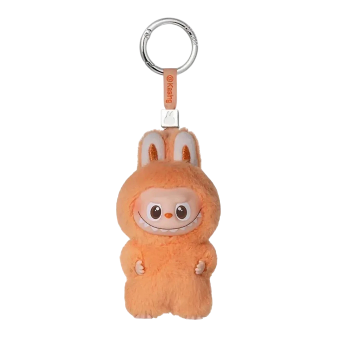 HypeSelection orange plush Labubu monster pendant with vinyl face and keychain loop, part of the Pin for Love Series "J"