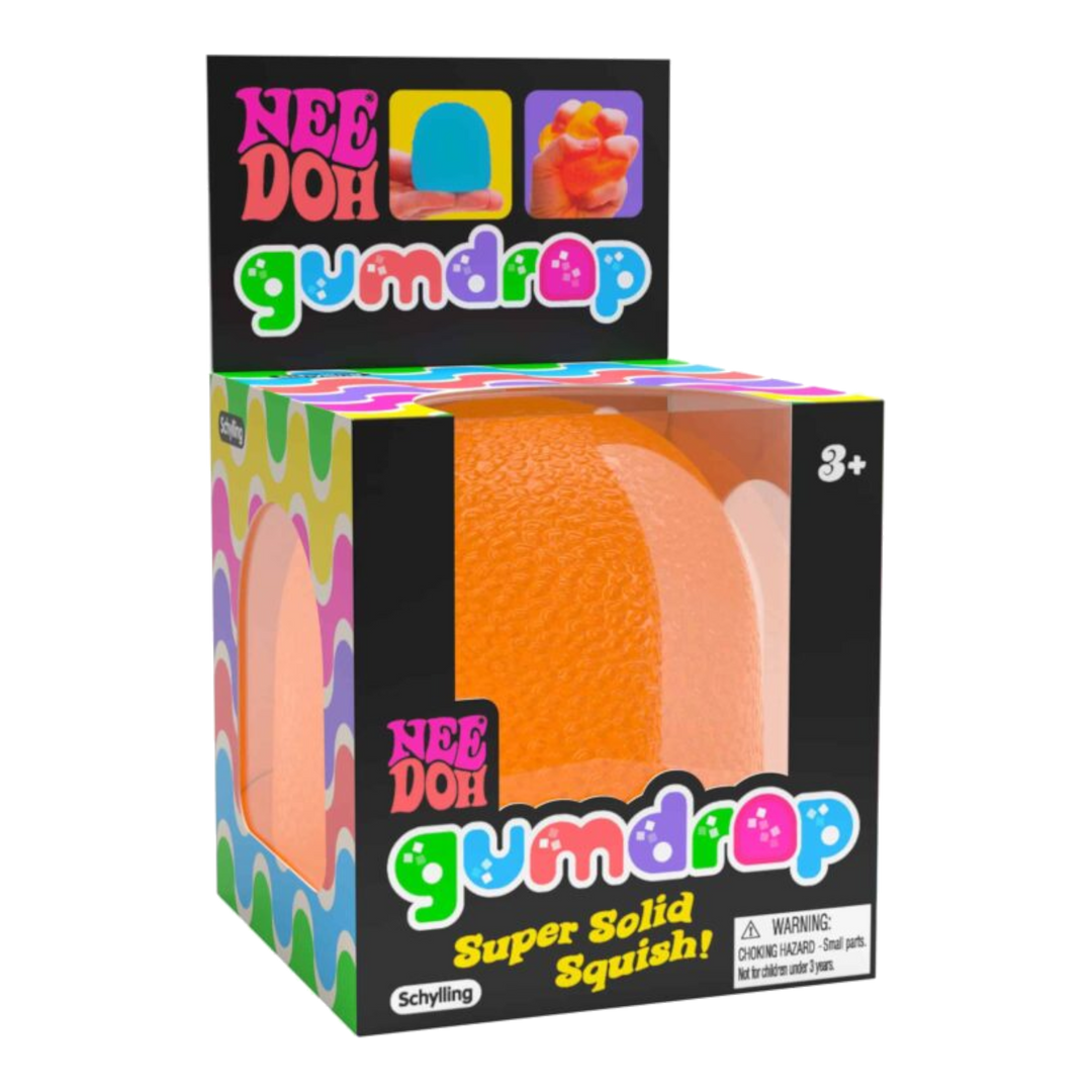 HypeSelection orange NeeDoh Gumdrop sensory squish toy in its colourful retail packaging box.
