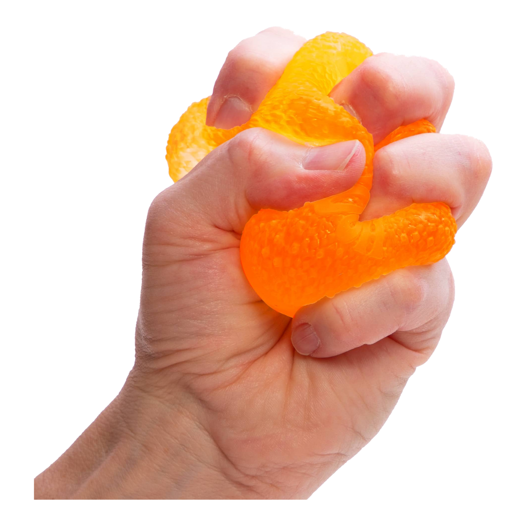 HypeSelection orange NeeDoh Gumdrop sensory fidget toy being squeezed in a hand showing its textured jelly surface