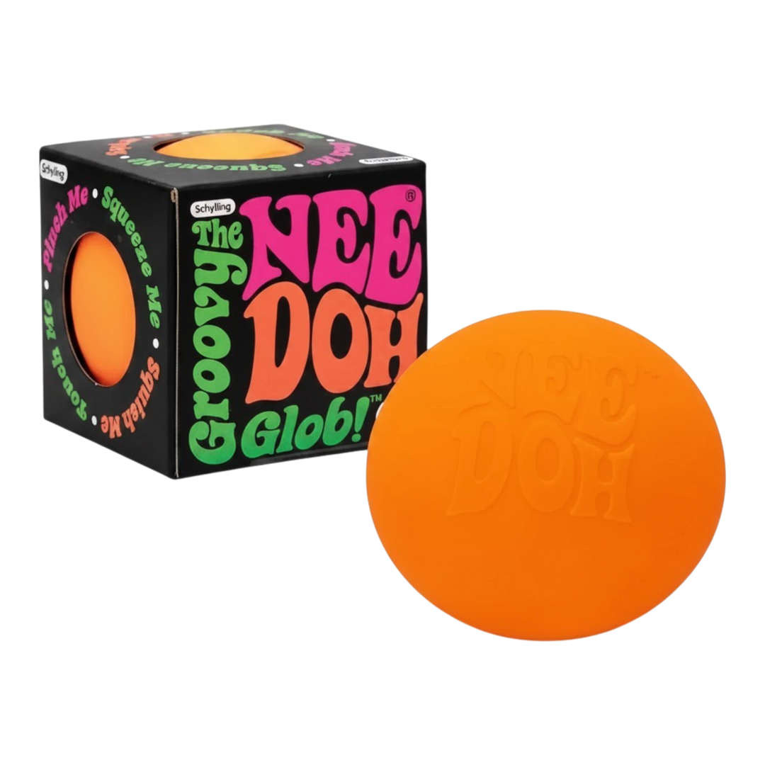 HypeSelection orange NeeDoh Groovy Glob stress ball, made of TPR with a jelly-like dough compound, 2.5 inches diameter.