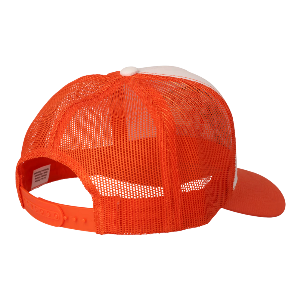 HypeSelection orange trucker cap with white front panel and embroidered logo, mesh back, and adjustable snapback.