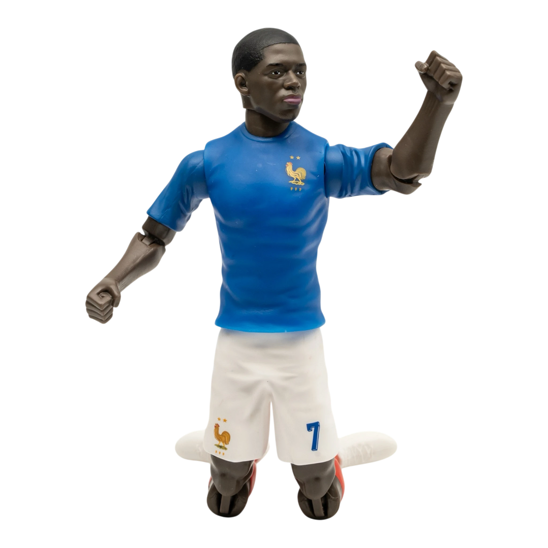 HypeSelection Banbo Toys Sockers 20cm Ousmane Dembélé action figure in France blue home kit with articulated joints.