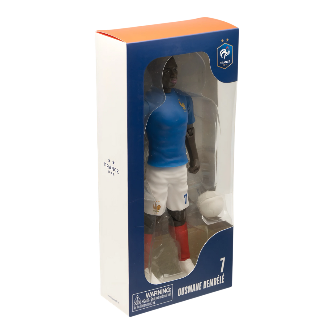 HypeSelection Banbo Toys Sockers 20cm Ousmane Dembélé action figure in France home kit with soccer ball in box.