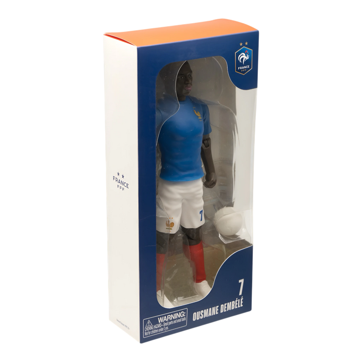 HypeSelection Banbo Toys Sockers 20cm Ousmane Dembélé action figure in France home kit with soccer ball in box.