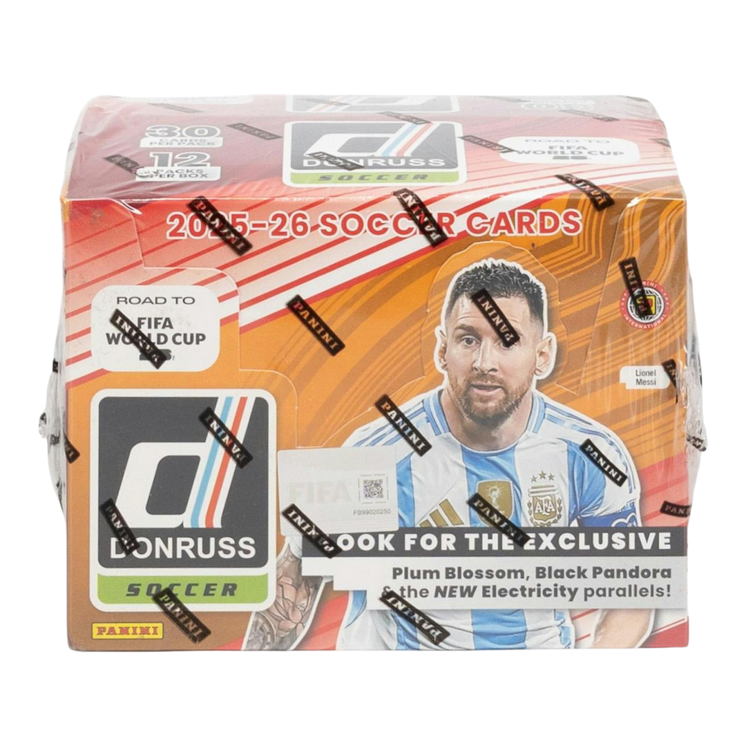 HypeSelection 2025/26 Panini Donruss Road to FIFA World Cup soccer hobby box featuring Lionel Messi on the packaging.