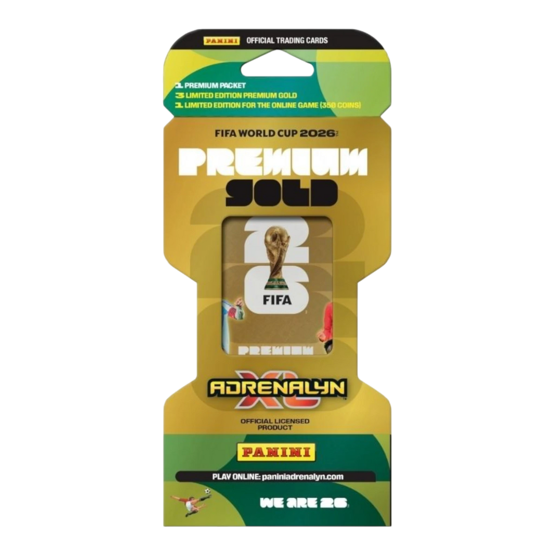 Panini FIFA World Cup 2026 Adrenalyn XL Premium Gold trading card multi-set packaging with gold foil accents.