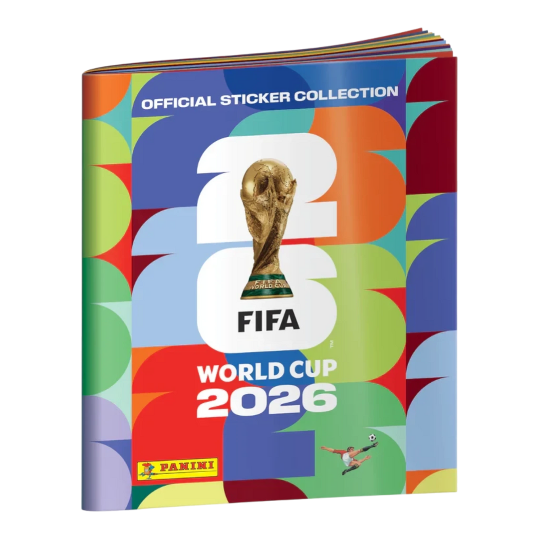 HypeSelection Panini FIFA World Cup 2026 Official Sticker Collection softcover album with trophy graphic and colourful geometric design.
