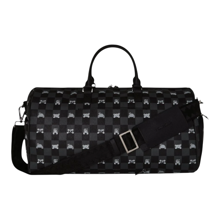 HypeSelection black and grey checkered duffle bag with peeking character graphic, PVC material, and gold-tone hardware.