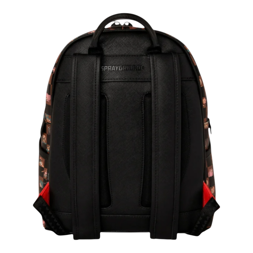 HypeSelection black PVC backpack with all-over peeking characters graphic print and red accents.