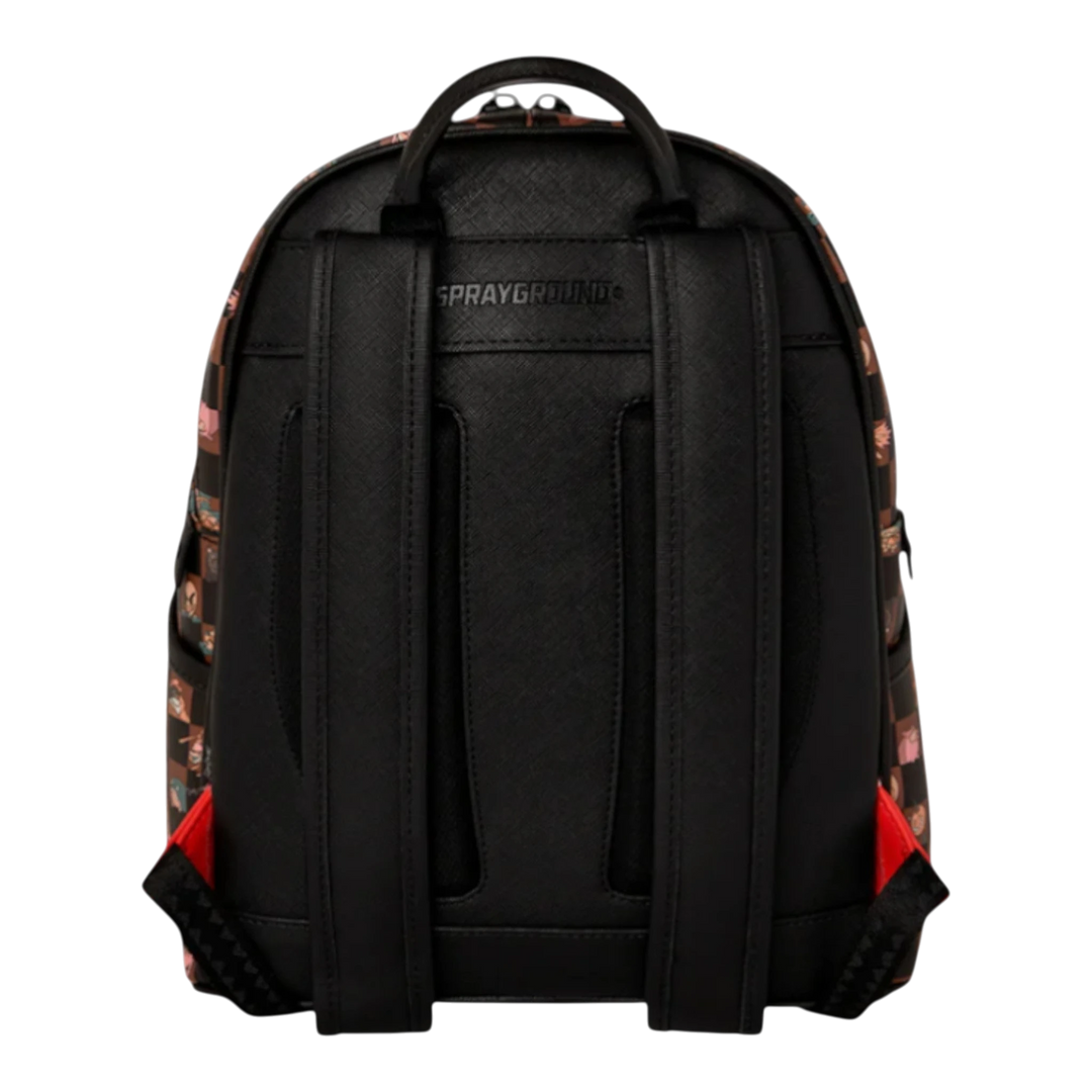 HypeSelection black PVC backpack with all-over peeking characters graphic print and red accents.