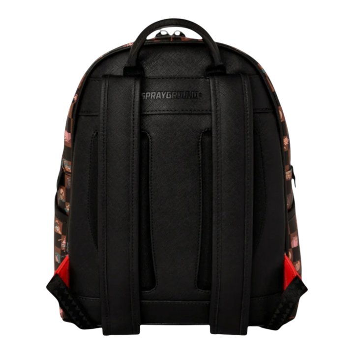 HypeSelection black PVC backpack with all-over peeking characters graphic print and red accents.