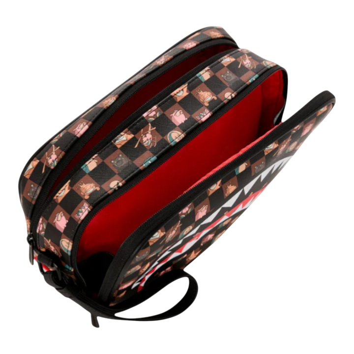 HypeSelection toiletry bag with all-over Peeking Characters Remix graphic print, black and brown checkerboard pattern, red interior, and shark teeth design.