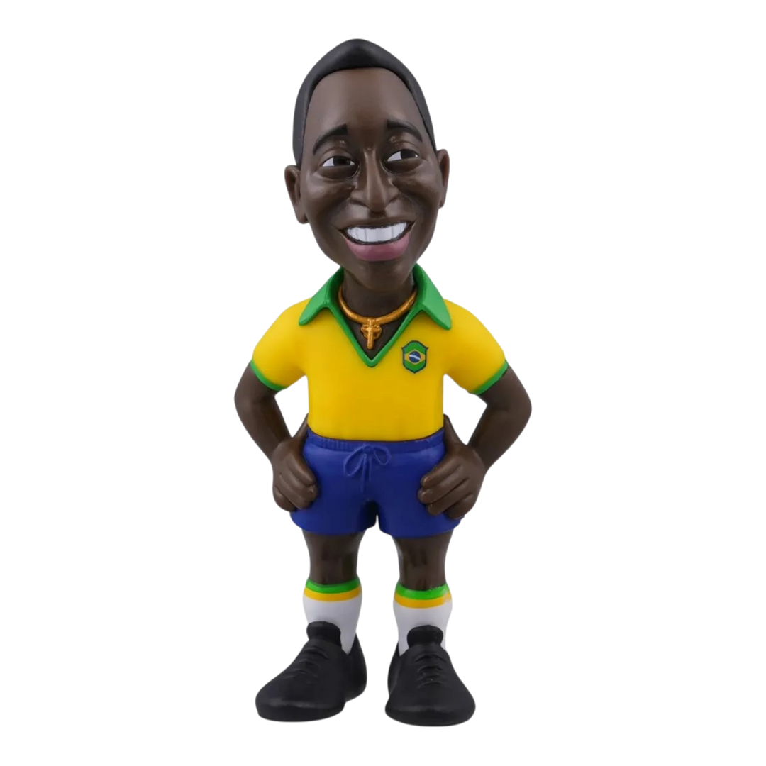 HypeSelection Minix Pelé collectible figure in Brazil yellow home kit with blue shorts, 12cm tall PVC caricature.