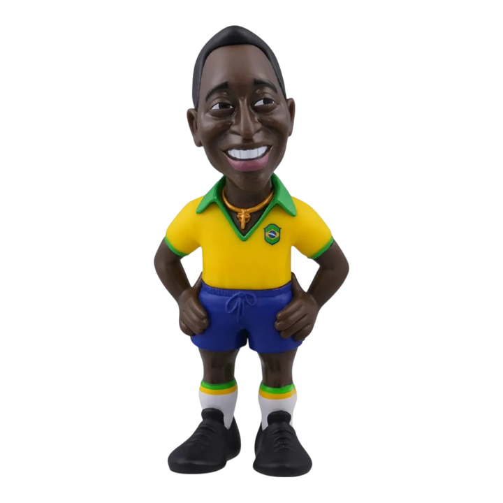 HypeSelection Minix Pelé collectible figure in Brazil yellow home kit with blue shorts, 12cm tall PVC caricature.