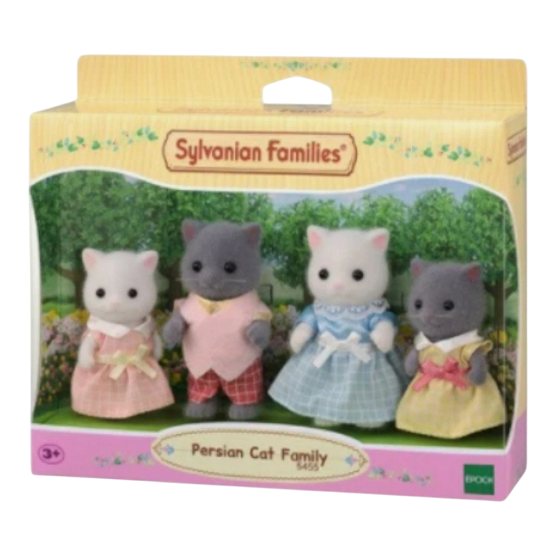 HypeSelection Sylvanian Families Persian Cat Family set with four flocked figures in pastel outfits. Includes father, mother, and two sisters.