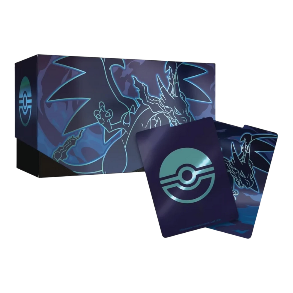 HypeSelection Phantasmal Flames Elite Trainer Box featuring Charizard artwork and Pokémon card backs. Dark blue and teal.