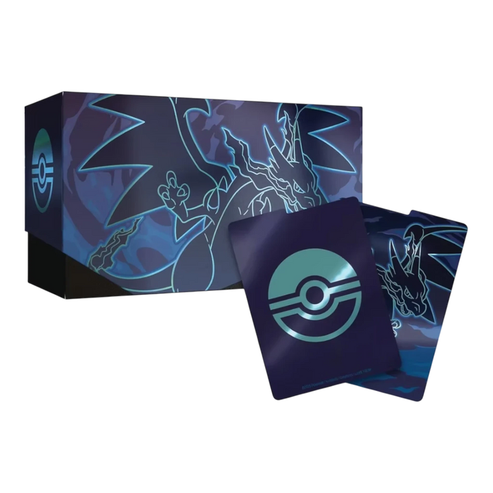 HypeSelection Phantasmal Flames Elite Trainer Box featuring Charizard artwork and Pokémon card backs. Dark blue and teal.
