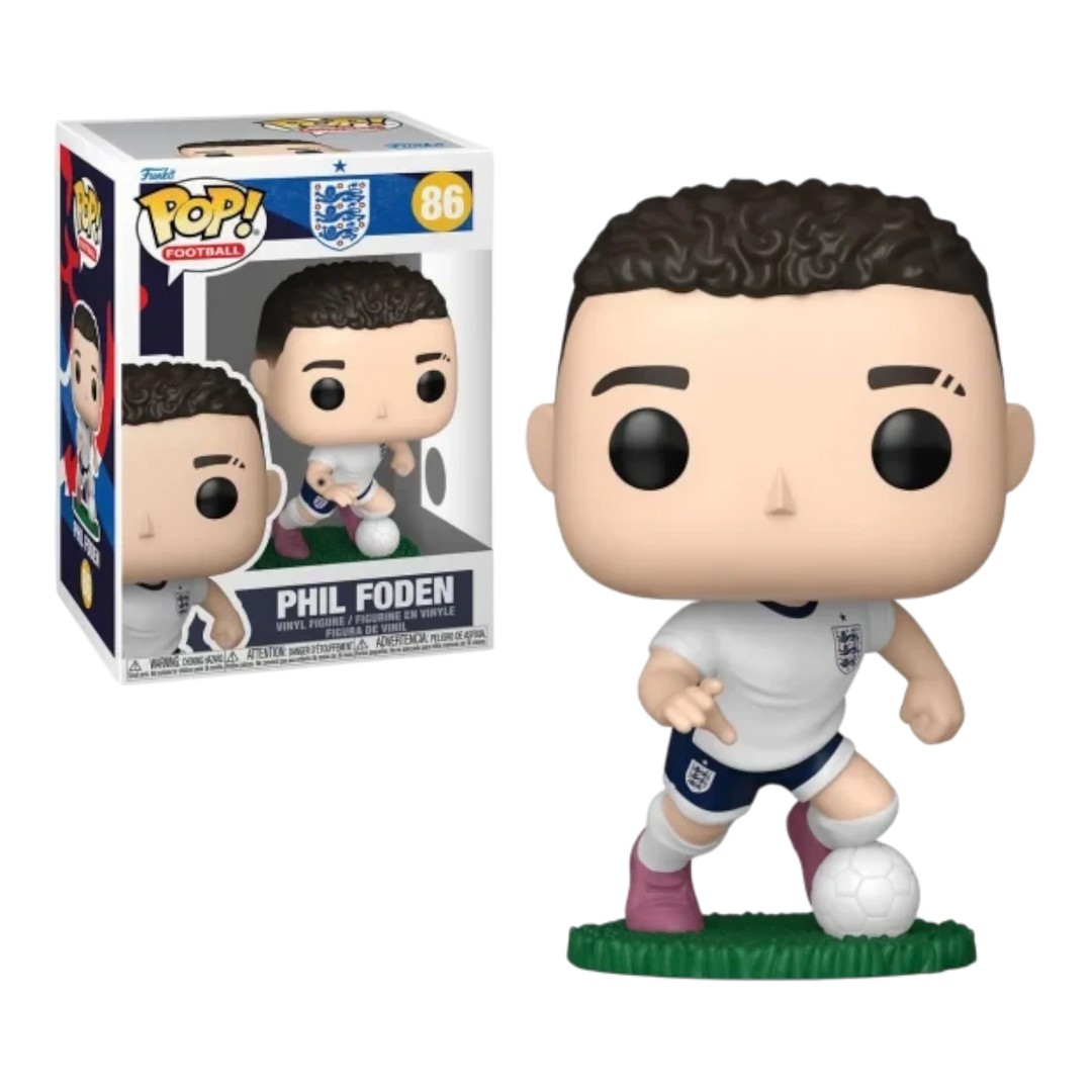 HypeSelection Phil Foden Funko Pop vinyl figure in England kit with football, displayed with its window box.