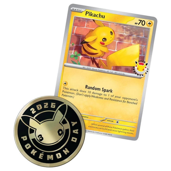 HypeSelection Pokémon Day 2026 Pikachu foil promo card with exclusive stamp and metallic 30th anniversary coin