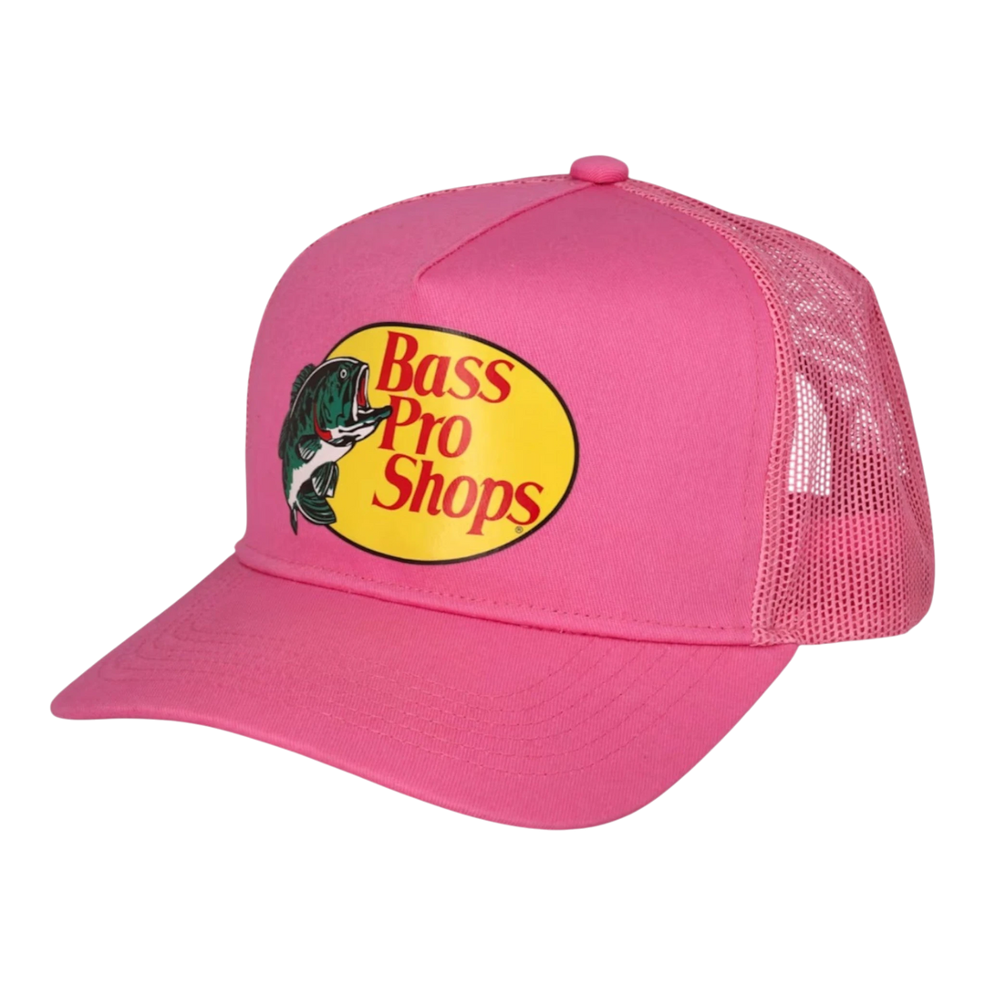 HypeSelection Bass Pro Shops pink trucker cap with embroidered logo and mesh back panels.